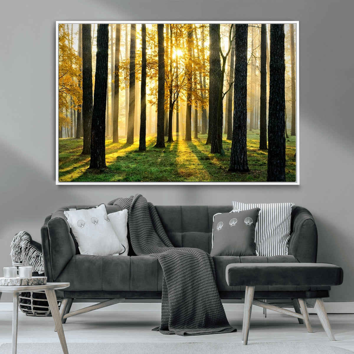 Sunlit Forest Wall Art Canvas Print, Large Framed Woodland Scene with Golden Light