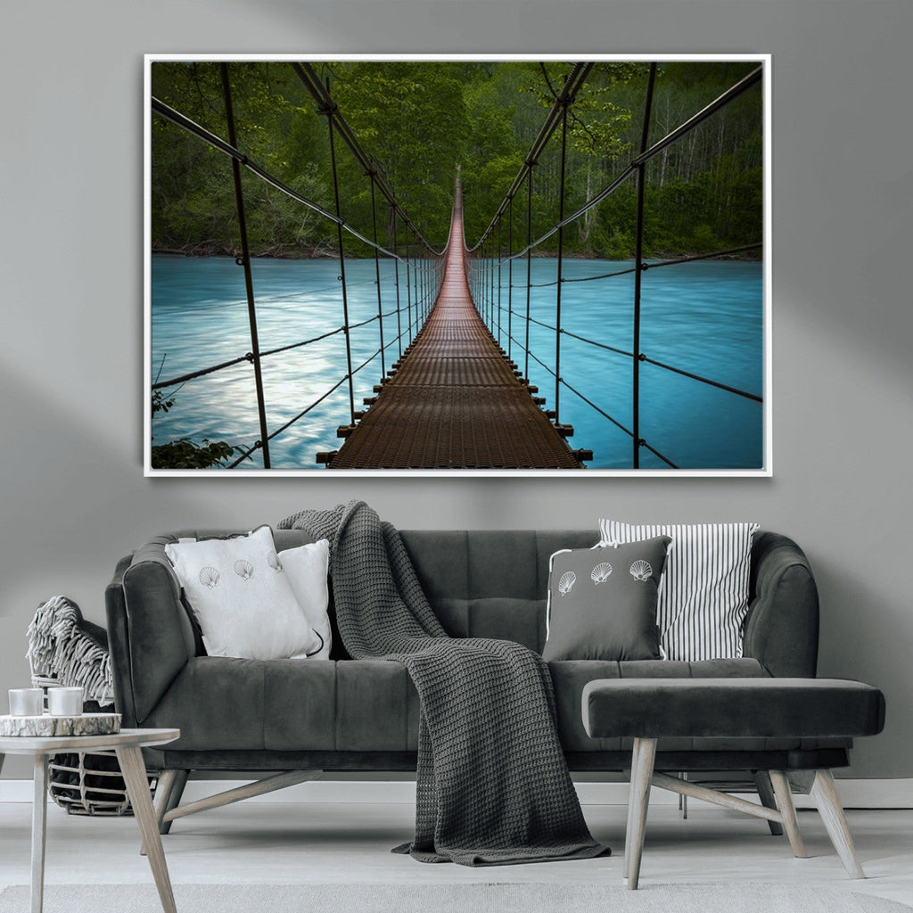 Suspension Bridge Over River Canvas Art | 3-Panel Nature Wall Art