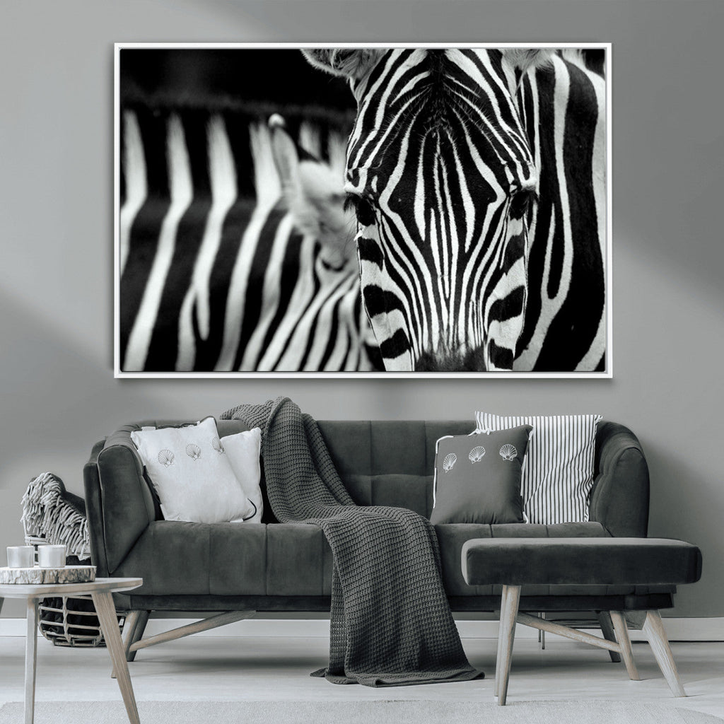 Zebra Wall Art | Zebra Close Up Canvas Print | Framed Black and White Wildlife