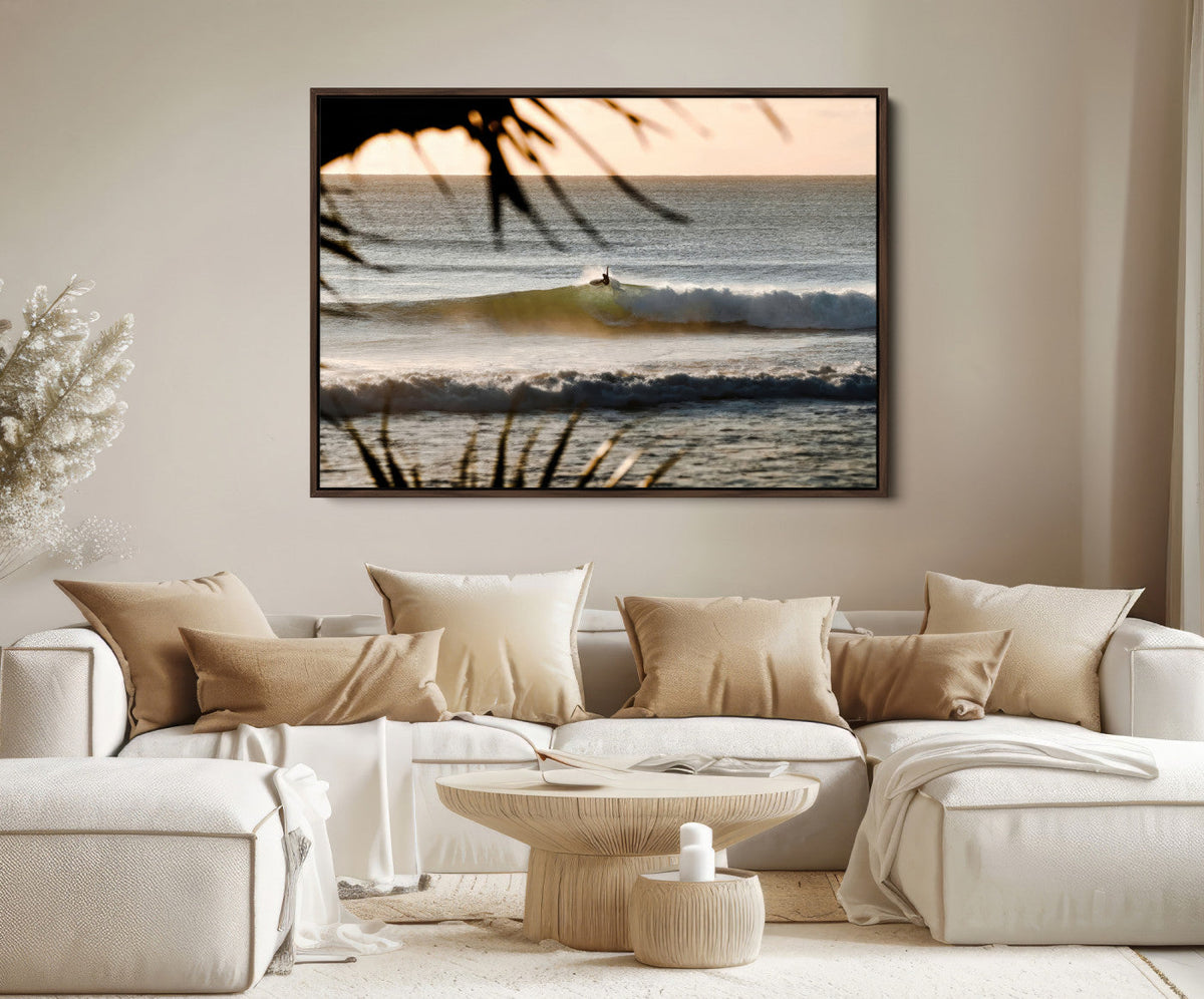 Sunset Surf Wall Art Canvas Print, Framed Golden Hour Waves Boho Beach Art