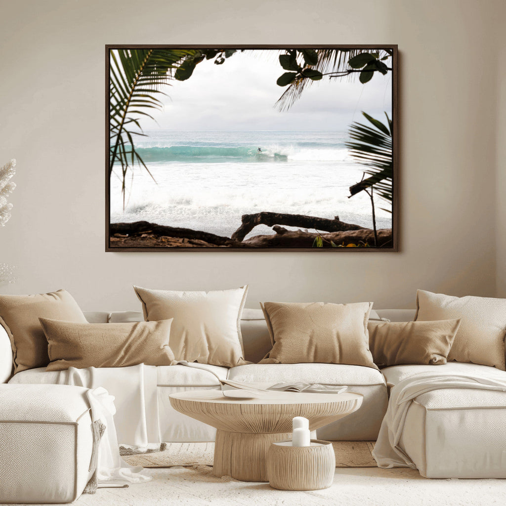 Tropical Surf Wall Art Canvas Print, Framed Palm Tree View Art, Boho Beach House Decor