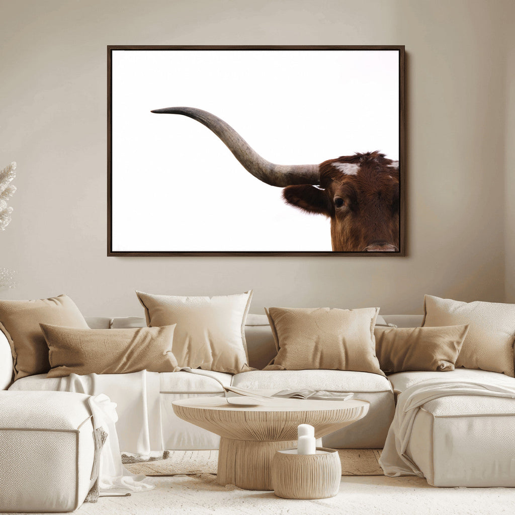 Texas Longhorn Wall Art Canvas Print, Framed Minimalist Cow Art, Ranch Style Decor