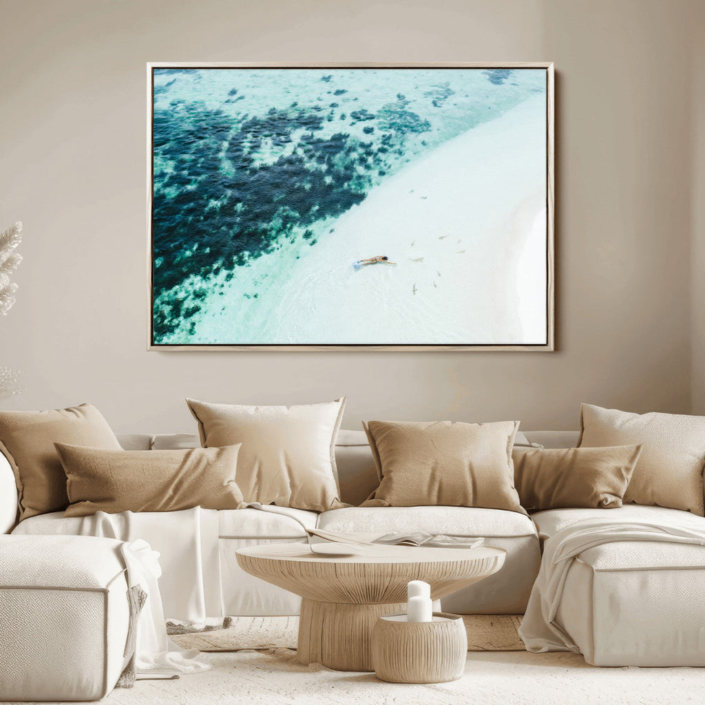 Minimal Beach Wall Art Canvas Print, Framed Ocean Swimming Art, Clear Ocean Decor