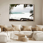 Tropical Surf Wall Art Canvas Print, Framed Palm Tree View Art, Boho Beach House Decor
