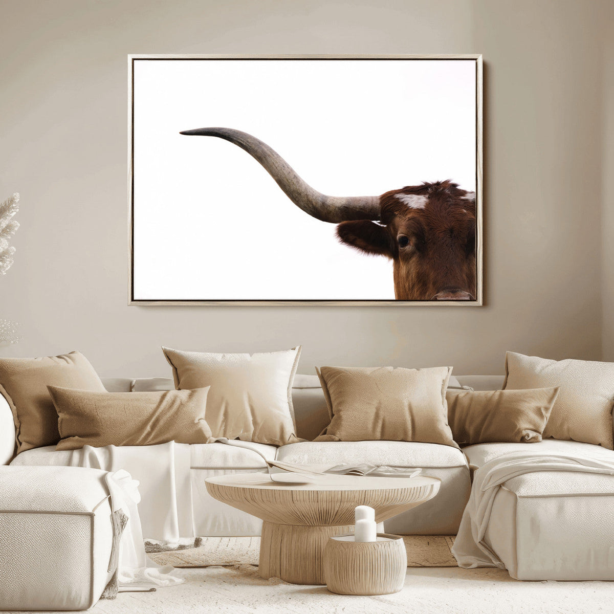Texas Longhorn Wall Art Canvas Print, Framed Minimalist Cow Art, Ranch Style Decor