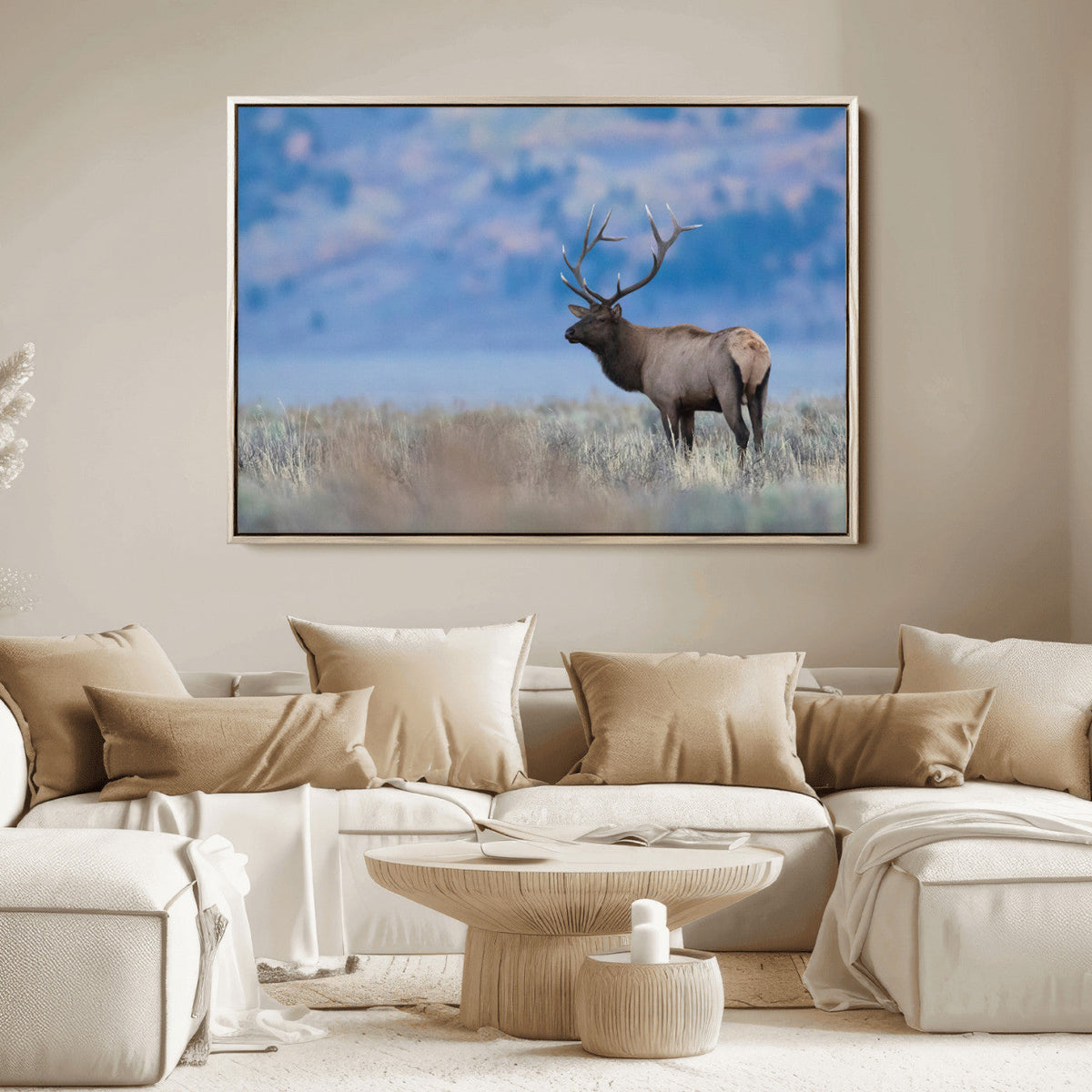 Elk Wall Decor Canvas Print, Framed Rustic Wildlife Art, Mountain Elk Landscape