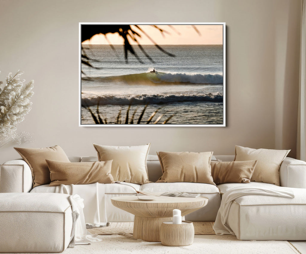 Sunset Surf Wall Art Canvas Print, Framed Golden Hour Waves Boho Beach Art