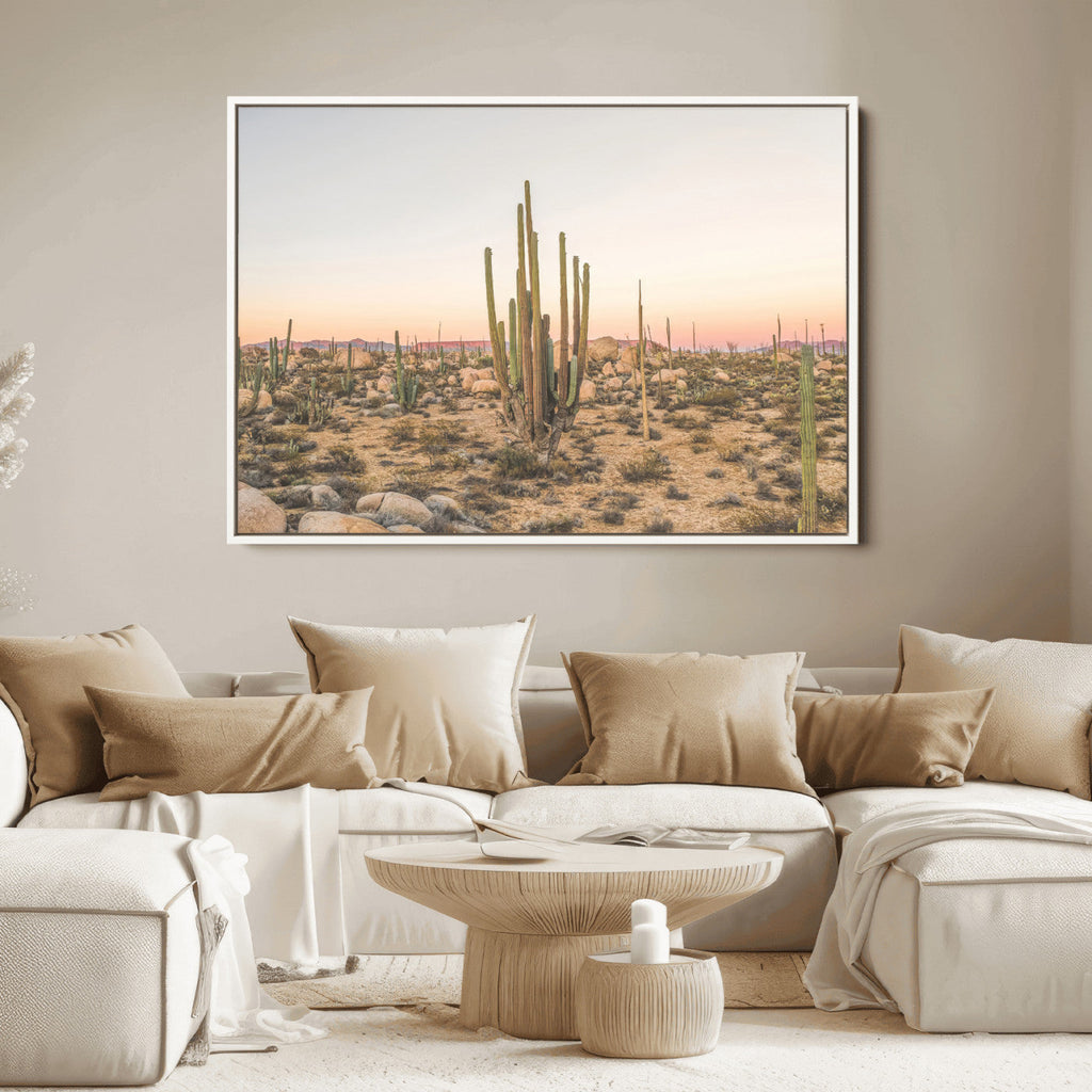 Desert Cactus Wall Art Canvas Print, Framed Baja Desert Art, Pastel Southwestern Decor