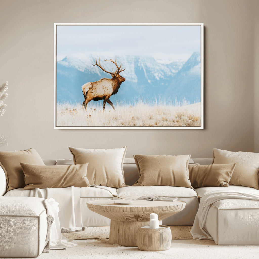 Mountain Elk Wall Art Canvas Print, Framed Rustic Wildlife Art, Lodge Style Decor