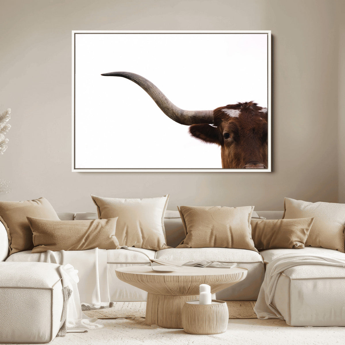 Texas Longhorn Wall Art Canvas Print, Framed Minimalist Cow Art, Ranch Style Decor