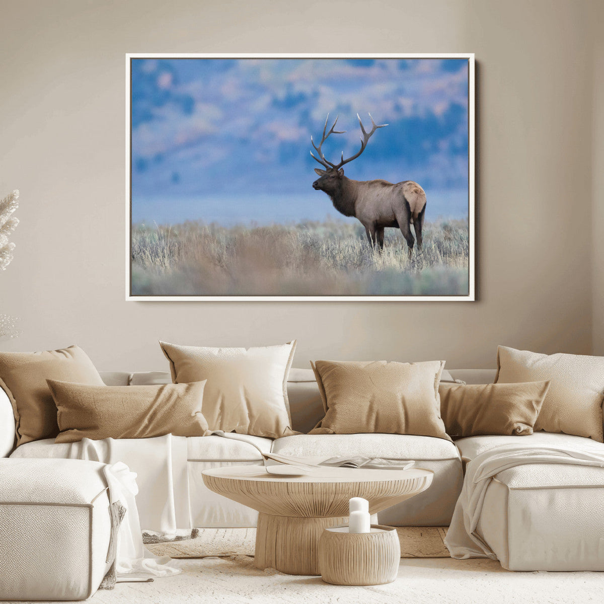 Elk Wall Decor Canvas Print, Framed Rustic Wildlife Art, Mountain Elk Landscape