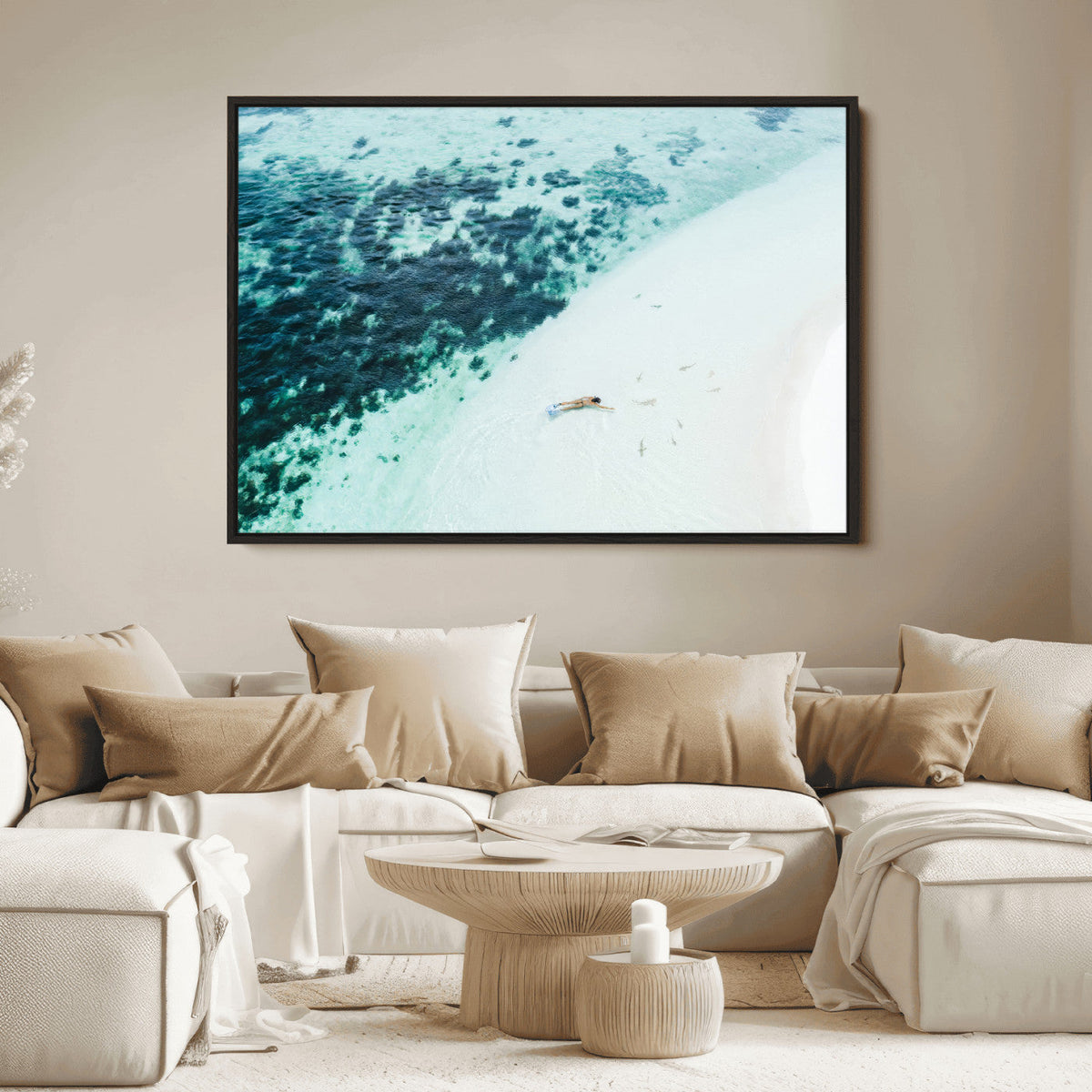 Minimal Beach Wall Art Canvas Print, Framed Ocean Swimming Art, Clear Ocean Decor