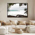 Tropical Surf Wall Art Canvas Print, Framed Palm Tree View Art, Boho Beach House Decor