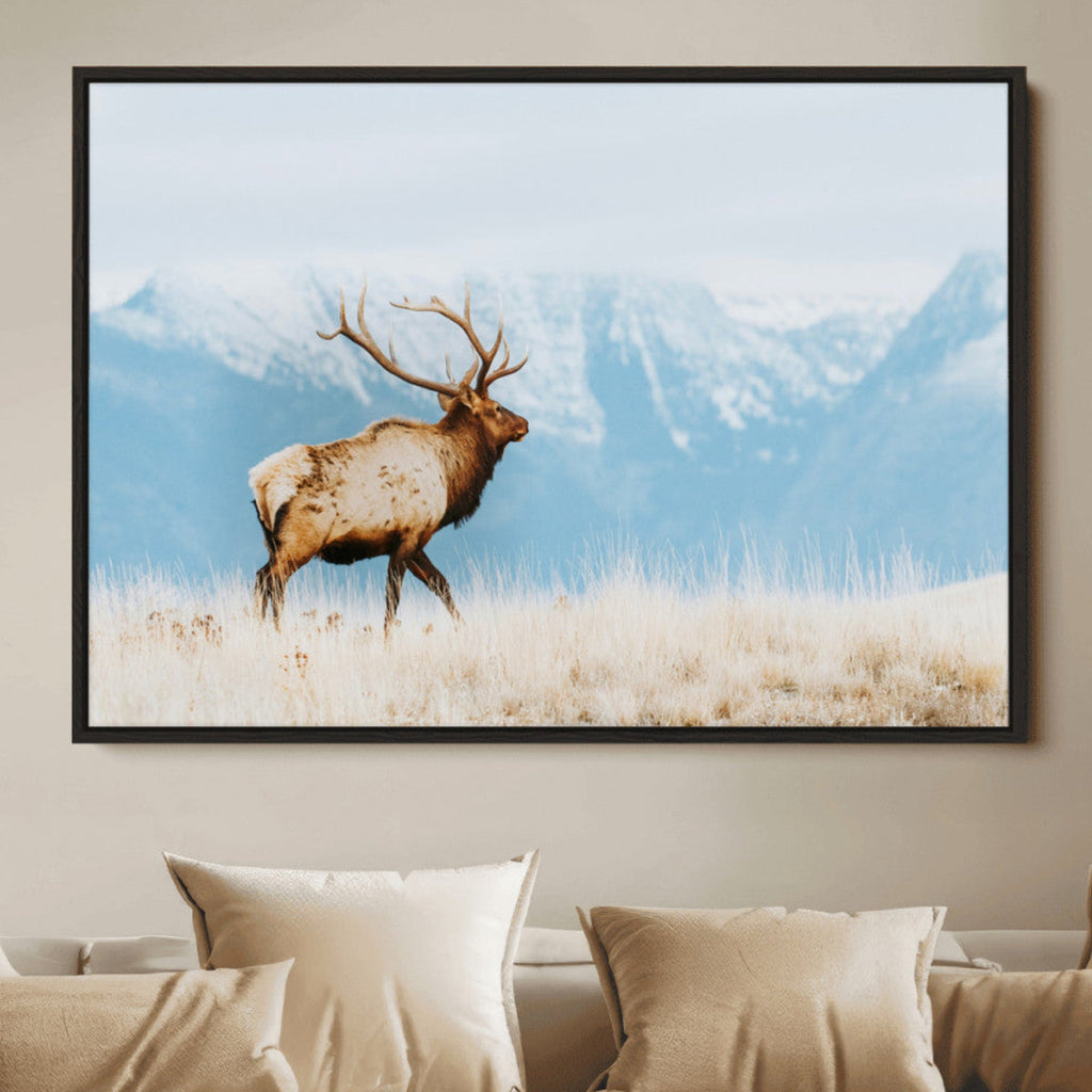 Mountain Elk Wall Art Canvas Print, Framed Rustic Wildlife Art, Lodge Style Decor
