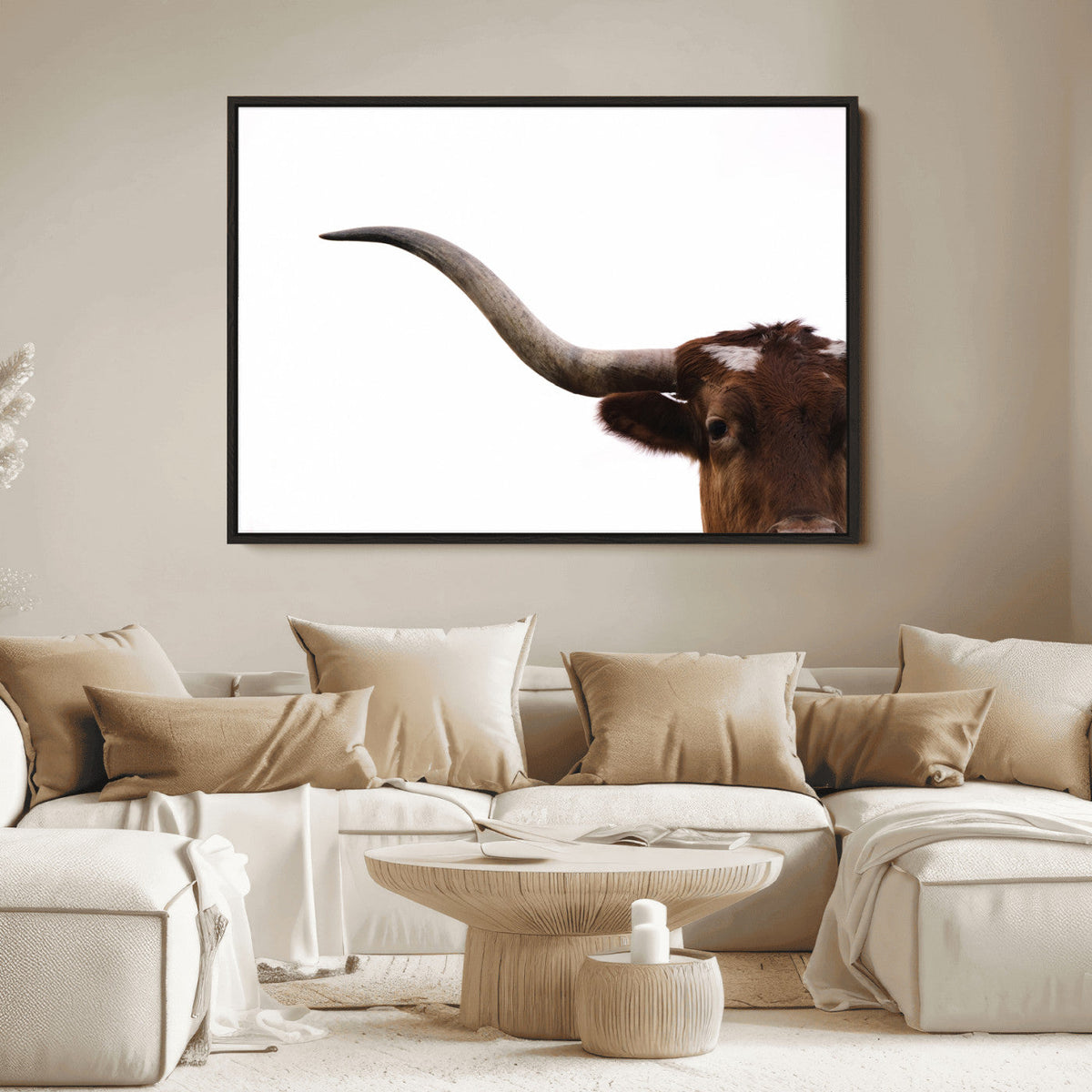 Texas Longhorn Wall Art Canvas Print, Framed Minimalist Cow Art, Ranch Style Decor