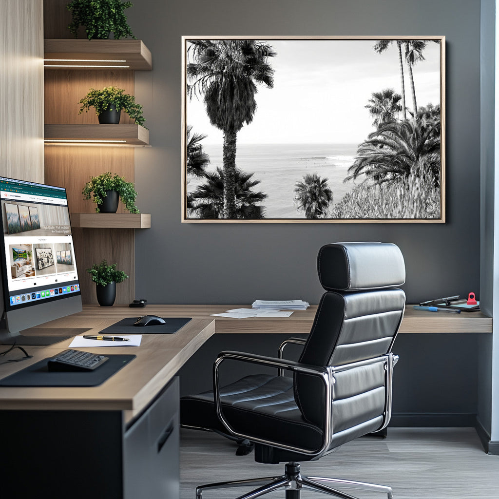 Palm Trees Wall Art Canvas Print, Framed Coastal Ocean Horizon Monochrome Art
