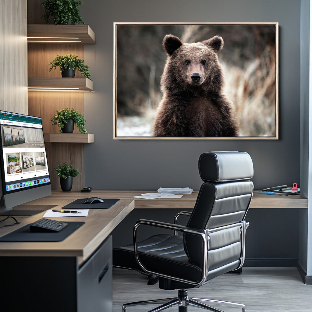 Brown Bear Wall Art Canvas Print, Framed Majestic Woodland Wildlife Cabin Art