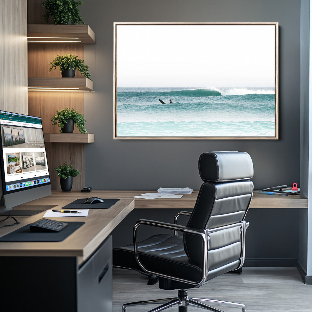 Surfing Wall Art Canvas Print, Framed Minimalist Ocean Waves Beach Art