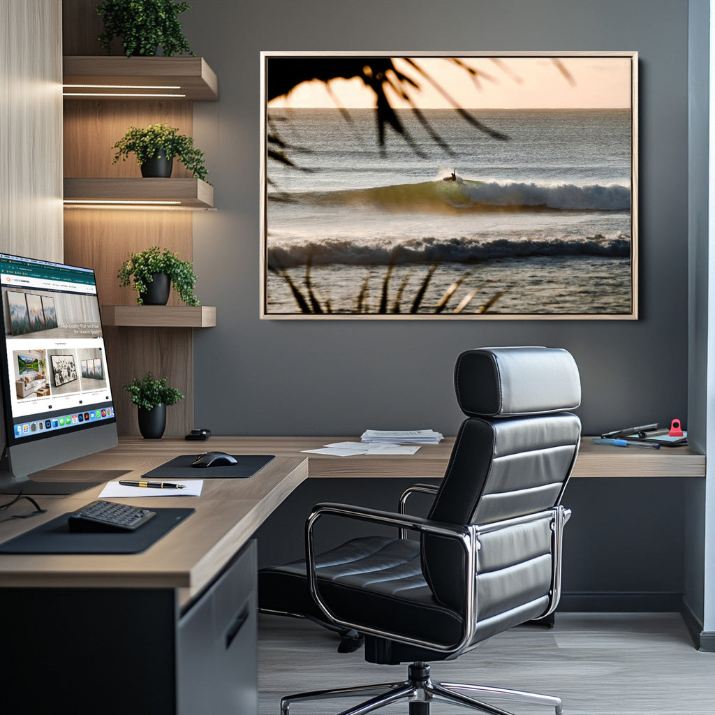 Sunset Surf Wall Art Canvas Print, Framed Golden Hour Waves Boho Beach Art