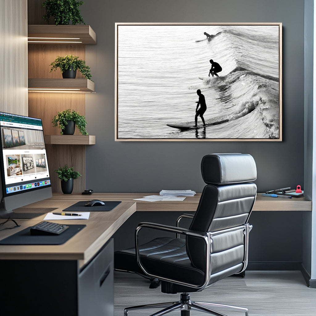 Surfers on Waves Wall Art Canvas Print | Framed Black and White Surf