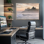 Sunset Surfing Wall Art Canvas Print, Framed Misty Mountains and Surfer Riding a Wave