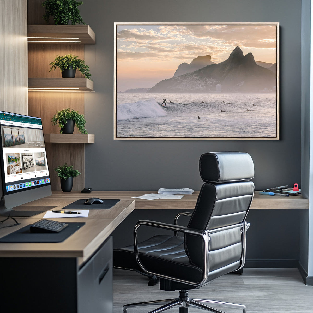 Sunset Surfing Wall Art Canvas Print, Framed Misty Mountains and Surfer Riding a Wave