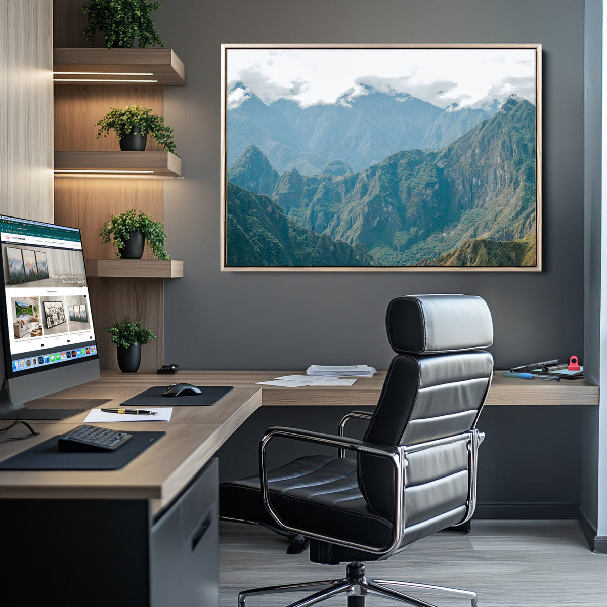 Misty Mountain Wall Art Canvas Print, Framed Cloudy Andean Art, Rugged Mountain Landscape