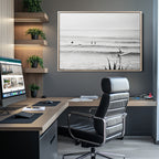 Surfer Silhouette Wall Art, Framed Calm Ocean Monochrome Surf Canvas Print