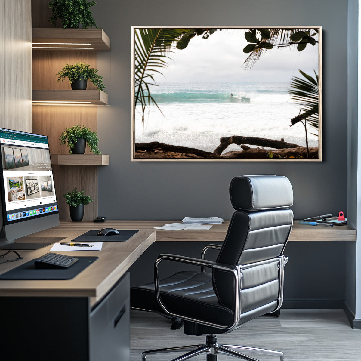 Tropical Surf Wall Art Canvas Print, Framed Palm Tree View Art, Boho Beach House Decor
