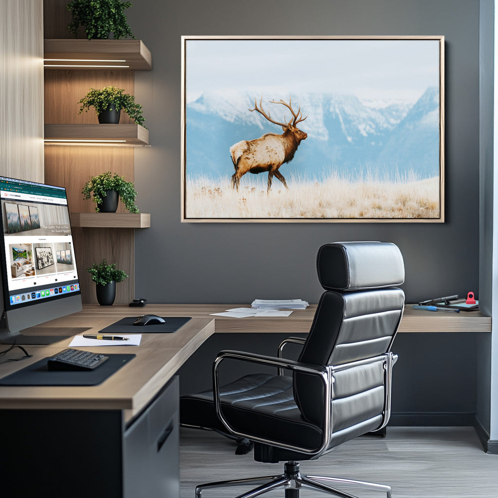 Mountain Elk Wall Art Canvas Print, Framed Rustic Wildlife Art, Lodge Style Decor