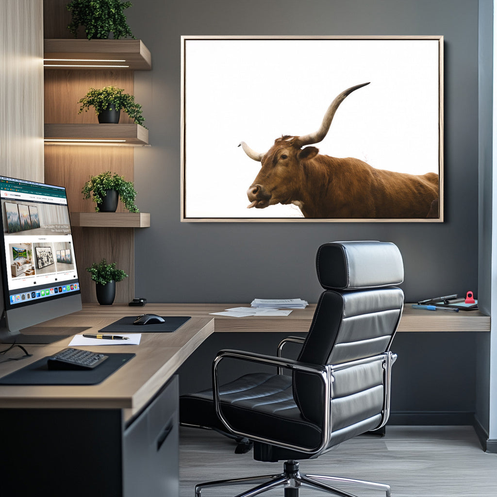 Longhorn Cow Wall Art Canvas Print, Framed Rustic Texas Bull Animal Decor