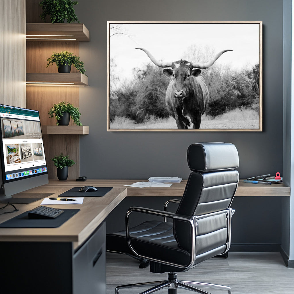 Longhorn Photography Wall Art Canvas Print, Framed Western Cow Texas Ranch Decor