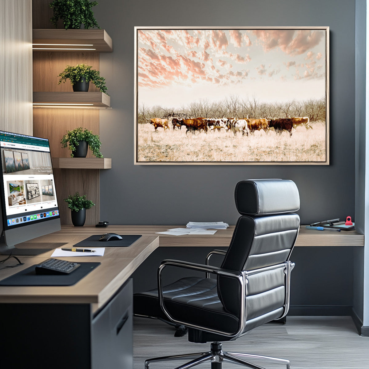 Country Cow Herd Wall Art Canvas Print, Framed Farmhouse Cattle Scene, Rustic Ranch Decor