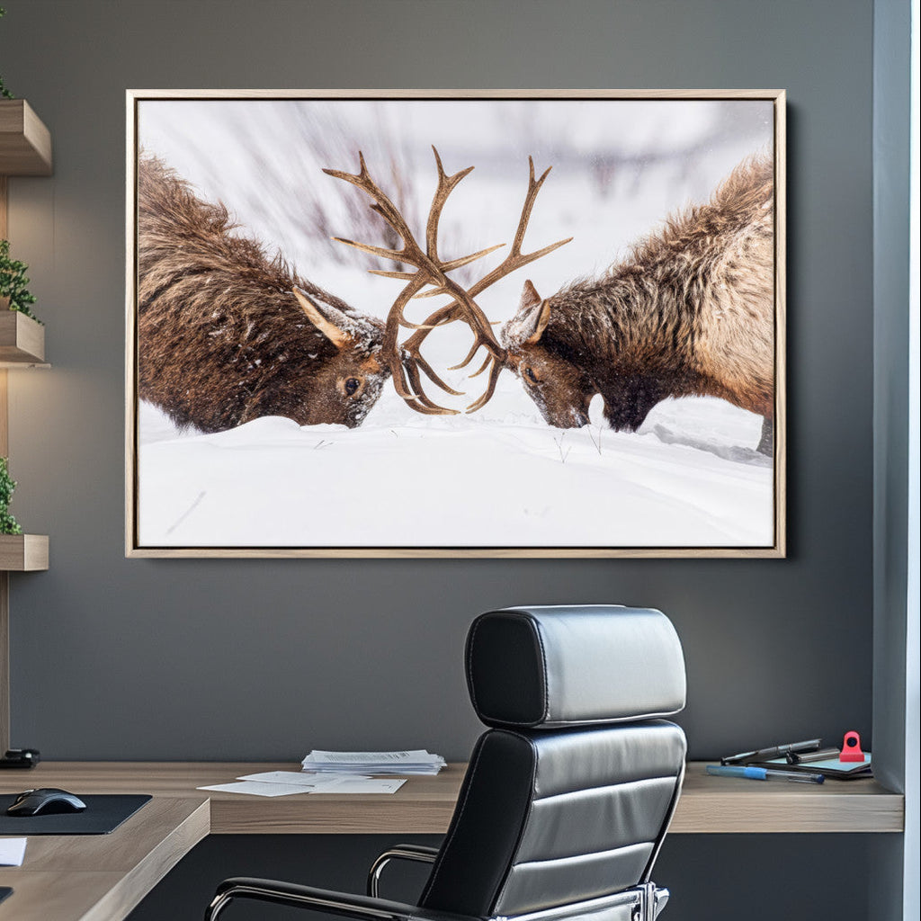 Elk Wall Art Canvas Print, Framed Wildlife Art, Snowy Forest Elk Rustic Lodge Decor