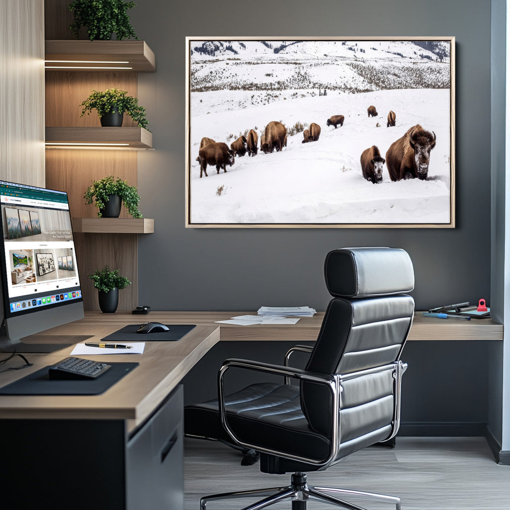 Bison Herd Wall Art Canvas Print, Framed Western Wildlife Decor, Snowy Mountain Valley