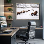 Bison Herd Wall Art Canvas Print, Framed Western Wildlife Decor, Snowy Mountain Valley