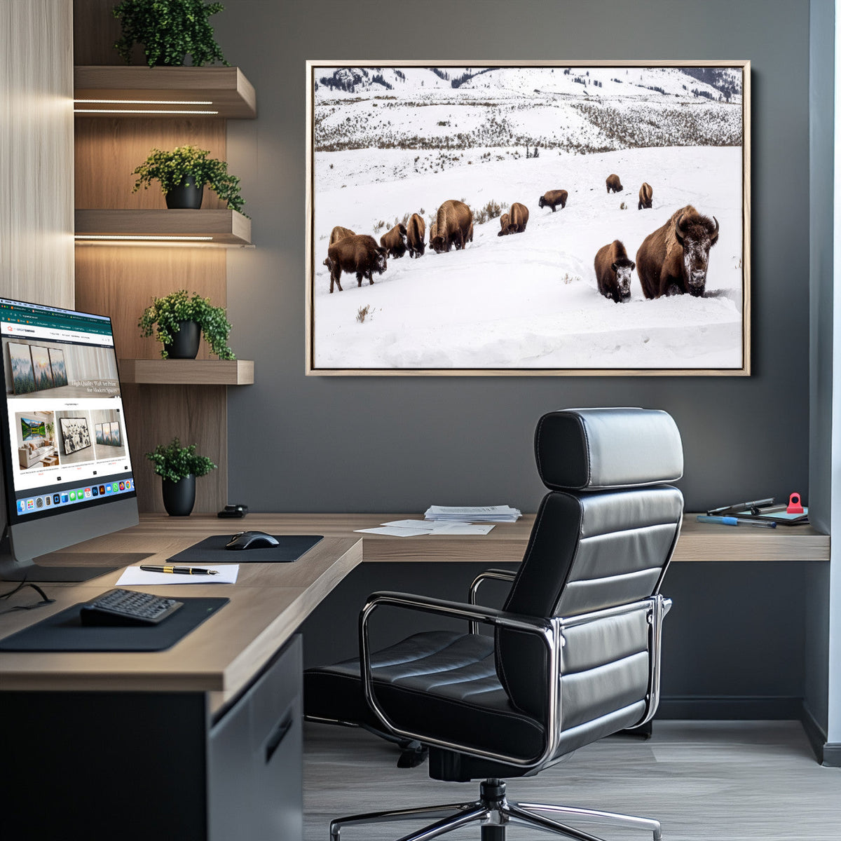 Bison Herd Wall Art Canvas Print, Framed Western Wildlife Decor, Snowy Mountain Valley