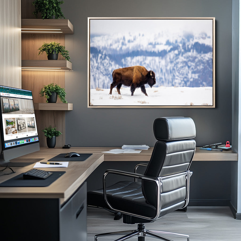 Bison Snow Wall Art Canvas Print, Framed Wildlife Scene, Western Ranch Style Decor