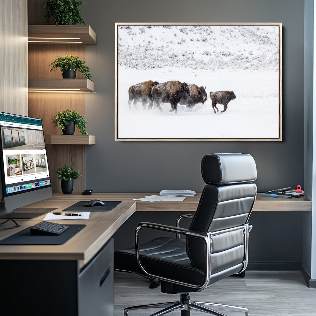 Bison Herd Wall Art Canvas Print, Framed Snowy Bison Scene, Winter Wildlife Decor