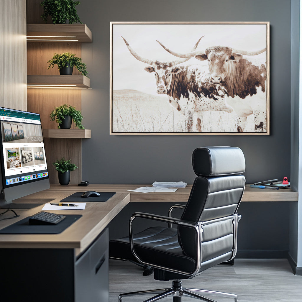 Longhorn Cow Wall Art Canvas Print, Framed Rustic Cattle Art, Sepia Western Decor