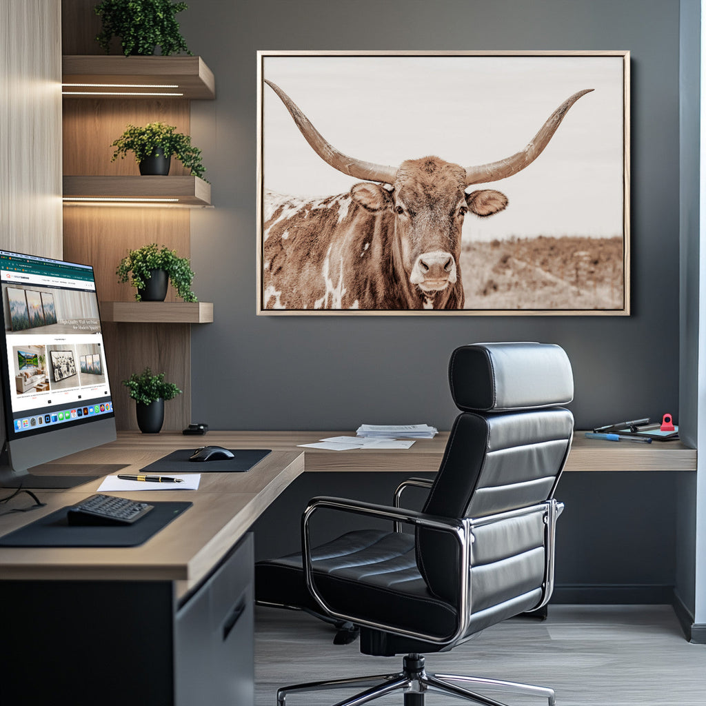 Longhorn Bull Wall Art Canvas Print, Framed Rustic Cow Decor, Neutral Farmhouse Style