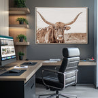 Longhorn Bull Wall Art Canvas Print, Framed Rustic Cow Decor, Neutral Farmhouse Style