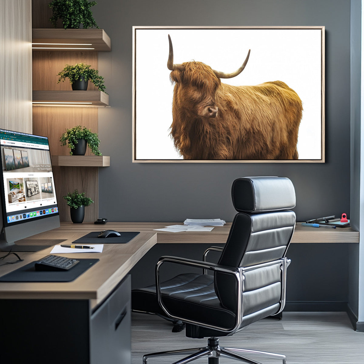 Highland Cow Wall Art Canvas Print, Framed Rustic Farmhouse Animal Portrait