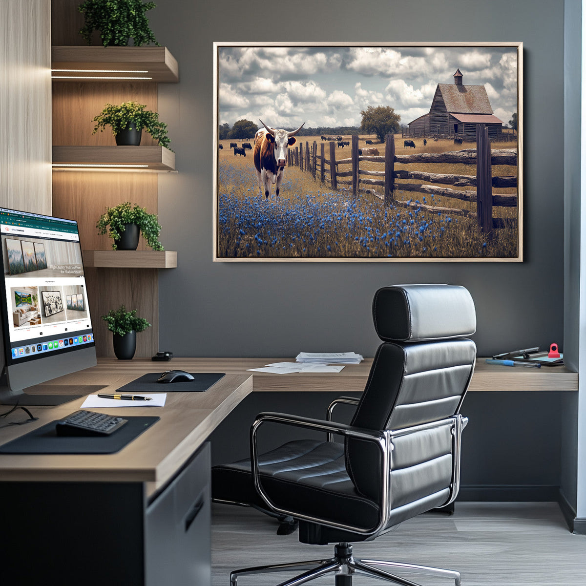 Texas Longhorn Canvas Wall Art Print, Framed Rustic Barn Farmhouse Decor