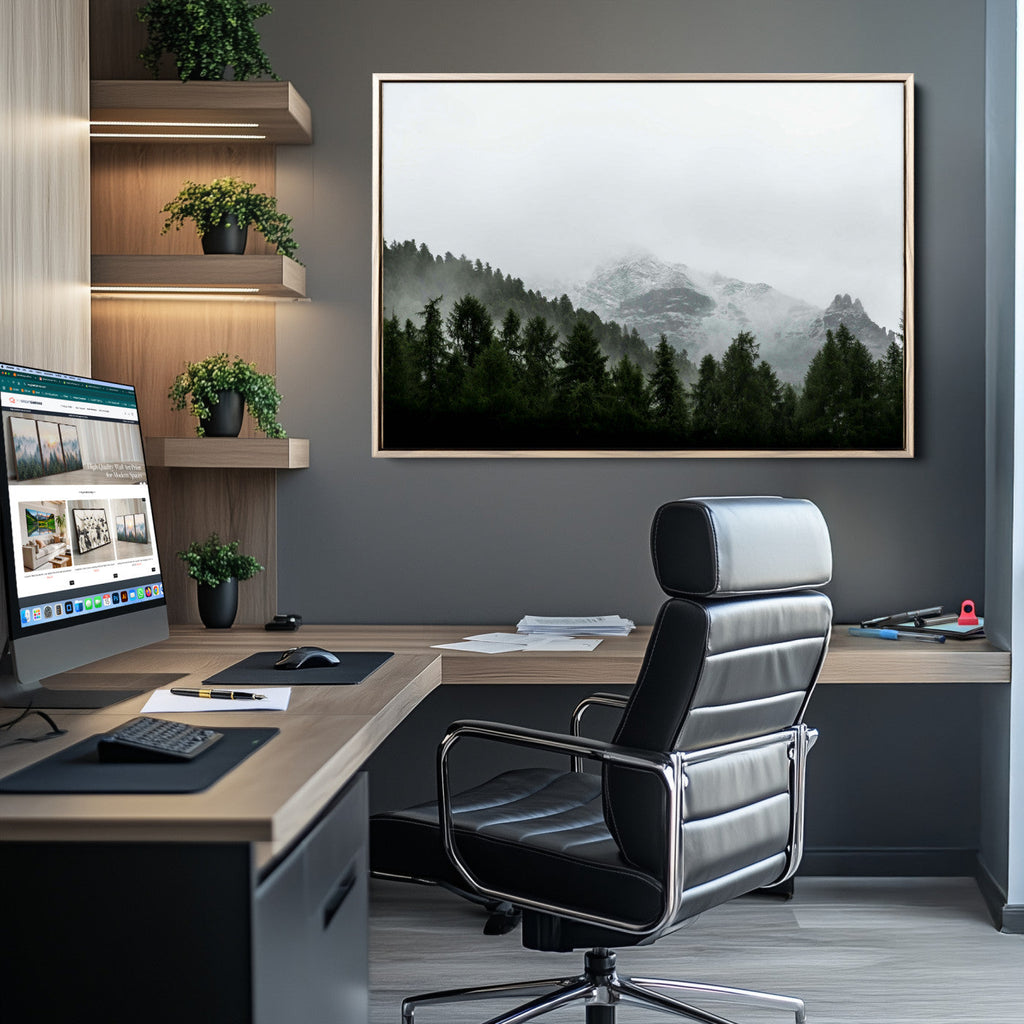 Misty Mountains Wall Art Canvas Print, Framed Foggy Forest Art, Snowy Peaks Landscape