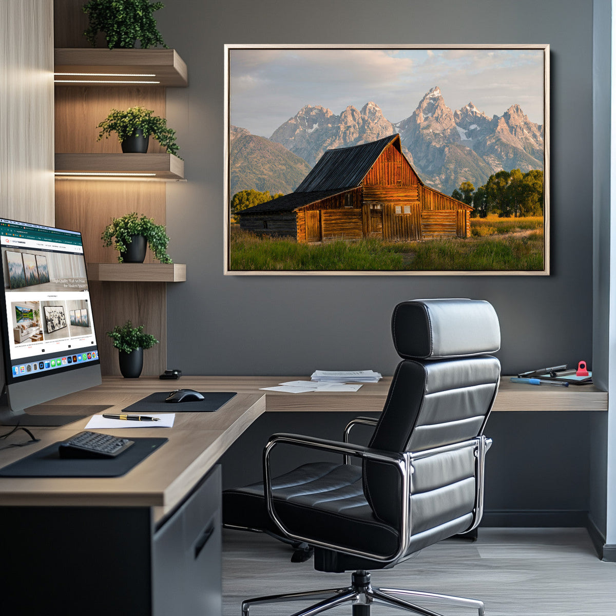 Rustic Barn Wall Art Canvas Print, Framed Western Landscape Art, Farmhouse Style Decor