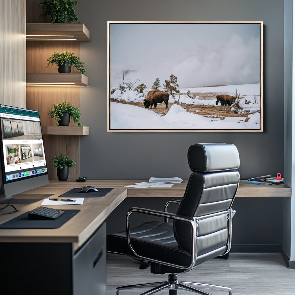 Bison Wildlife Wall Art Canvas Print, Framed Snowy Prairie Art, Western Landscape Decor