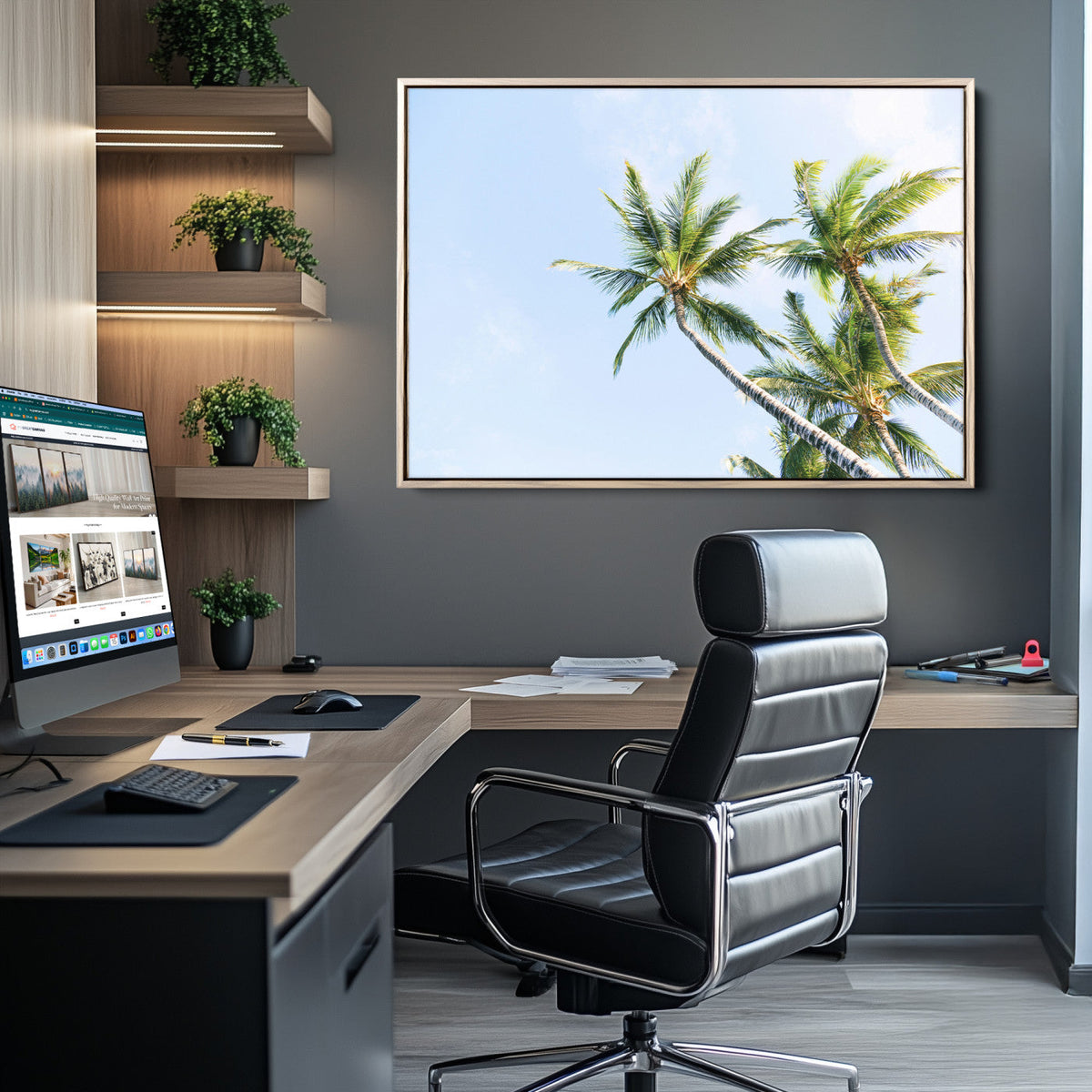 Palm Trees Wall Art Canvas Print, Framed Tropical Coastal Scene Under Blue Sky