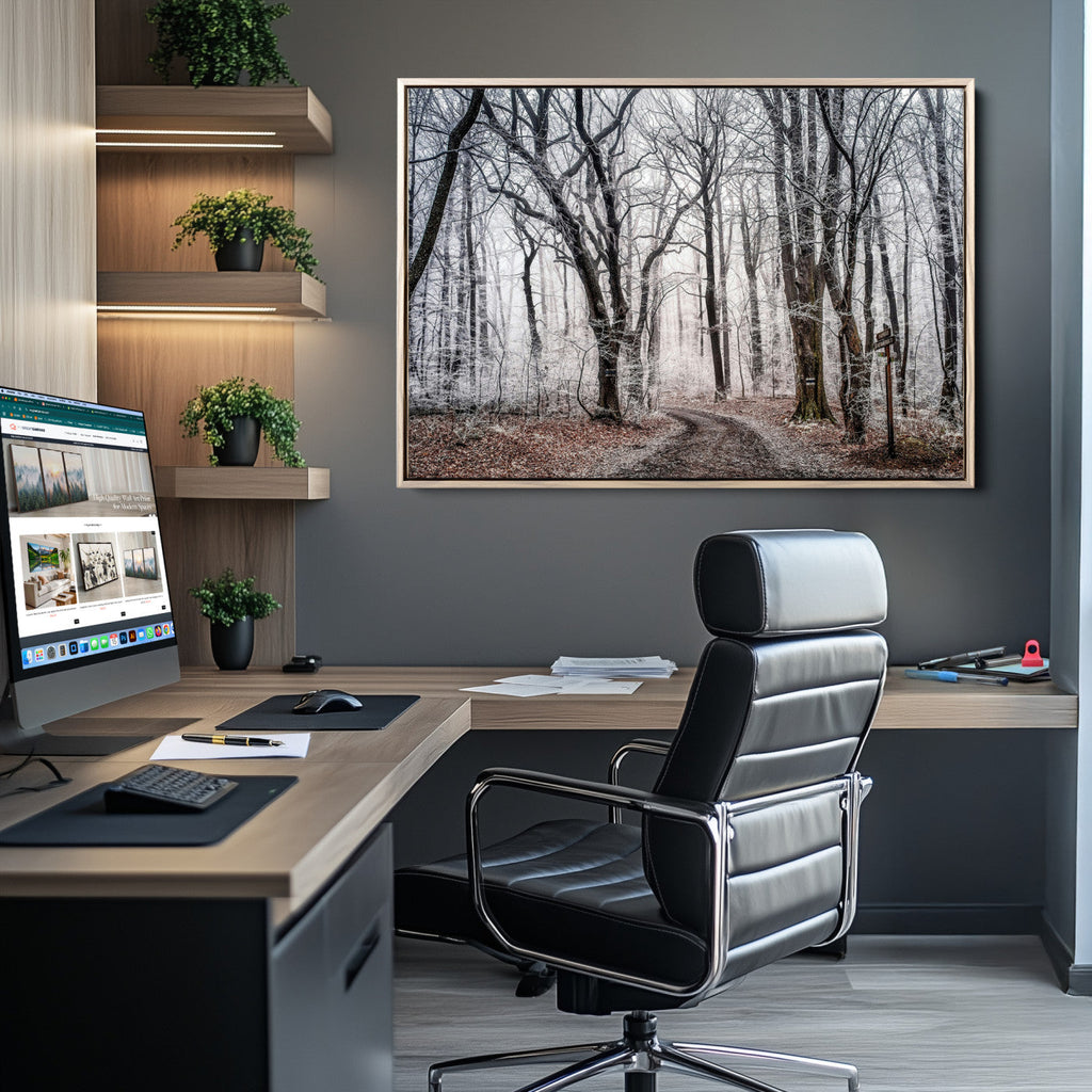 Winter Forest Wall Art Canvas Print, Framed Frosty Woodland with Misty Trees