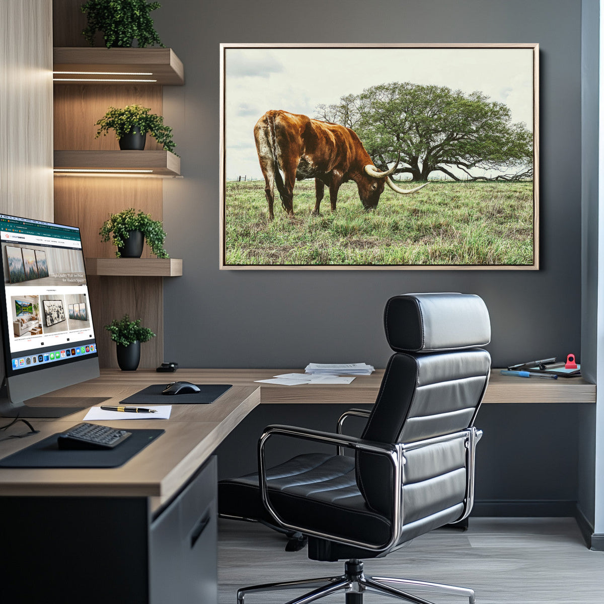 Texas Longhorn Wall Art Canvas Print, Rustic Western Ranch